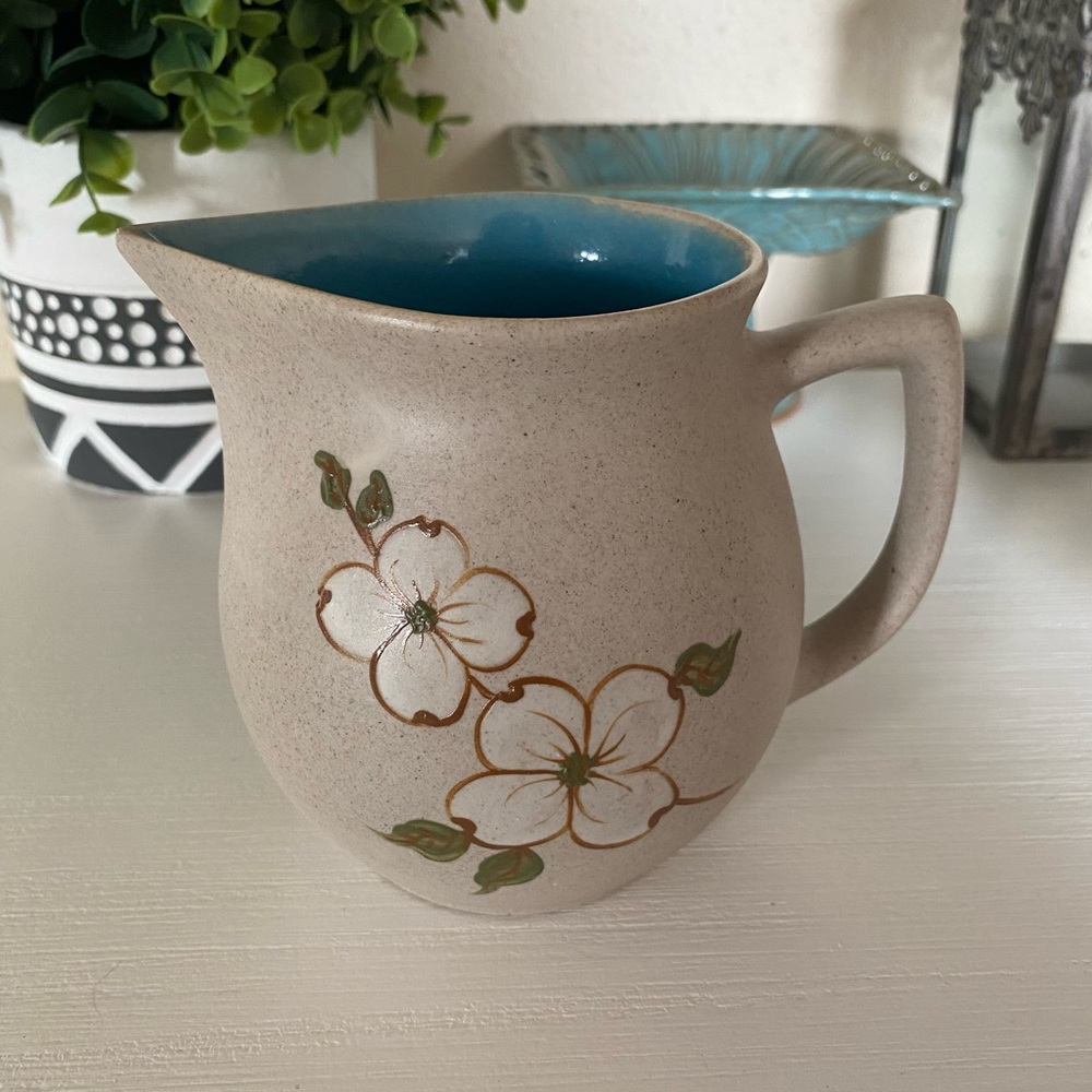 Vintage Pigeon Forge Pottery Tennessee Dogwood Design Pitcher/Creamer Blue Glaze